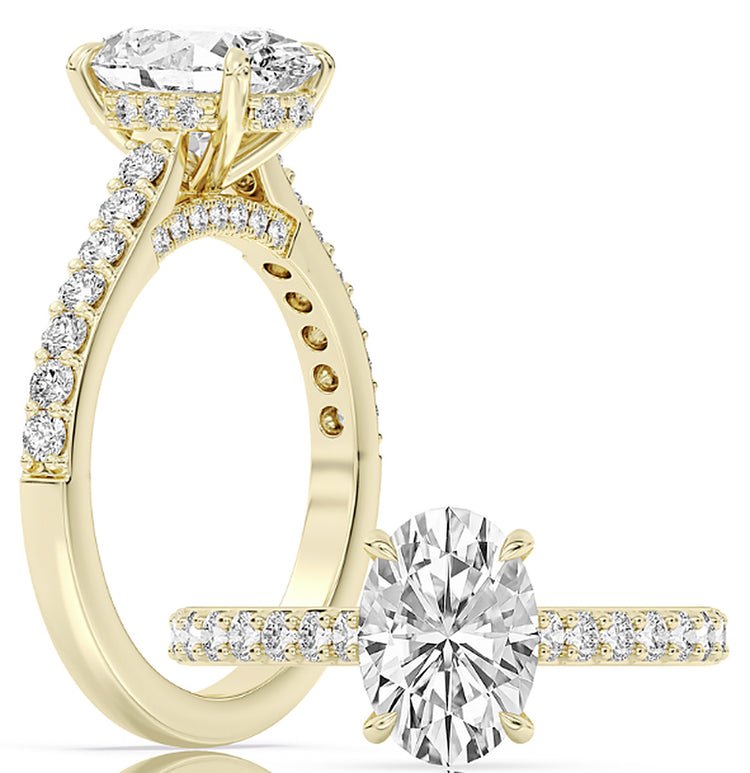 14k Yellow Gold Cathedral Engagement Ring Set With Certified TrueNorth 100 Facet Lab-Grown Diamond 2 ct Oval Center