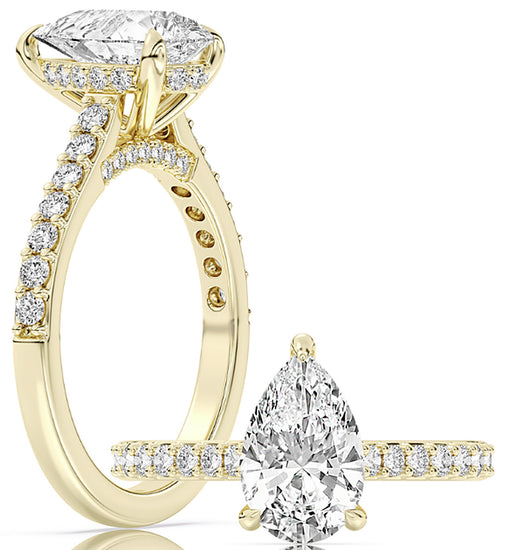 14k Yellow Gold Cathedral Engagement Ring Set With Certified TrueNorth 100 Facet Lab-Grown Diamond 2 ct Pear Center