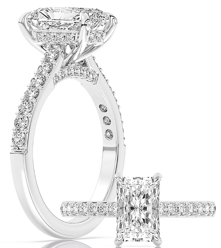14k White Gold Cathedral Engagement Ring Set With Certified TrueNorth 100 Facet Lab-Grown Diamond 2 ct Radiant Center