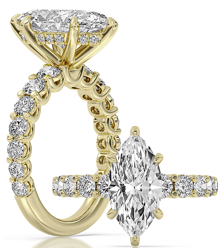 14k Yellow Gold Graduating Bridal Set With Certified TrueNorth 100 Facet Lab-Grown Diamond 3 ct Marquise Center