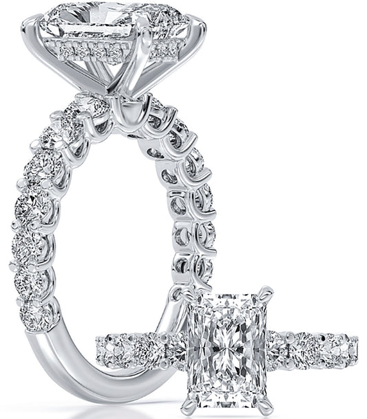 14k White Gold Graduating Bridal Set With Certified TrueNorth 100 Facet Lab-Grown Diamond 3 ct Radiant Center