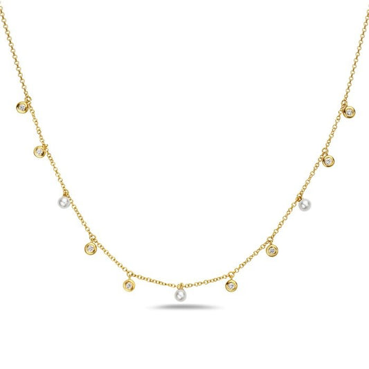14K Yellow Gold Three Freshwater Pearl Necklace with 0.15 CTW Bezel Diamonds