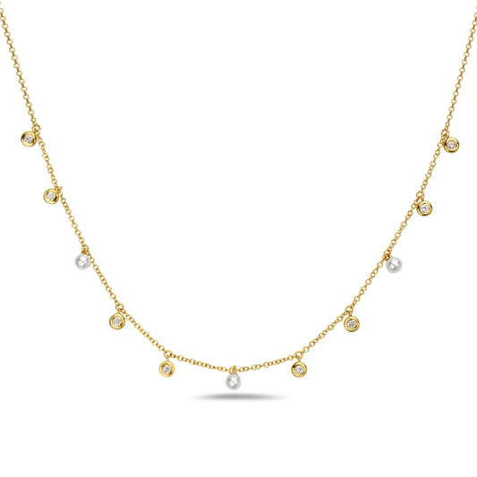 14K Yellow Gold Three Freshwater Pearl Necklace with 0.15 CTW Bezel Diamonds