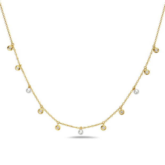 14K Yellow Gold Three Freshwater Pearl Necklace with 0.15 CTW Bezel Diamonds