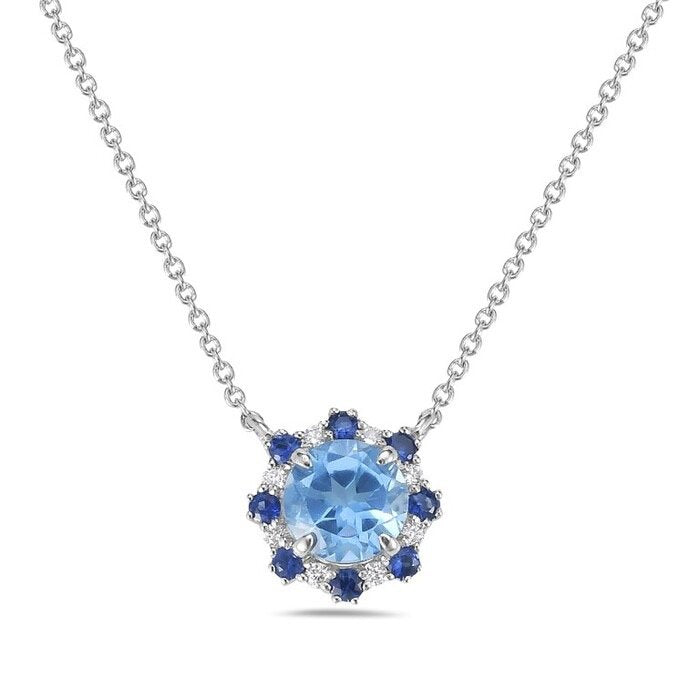 14K White Gold Blue Topaz and Sapphire Pendant with 0.04 CTW Diamonds