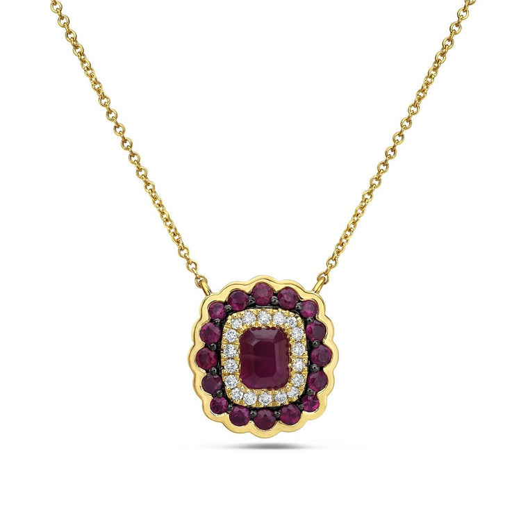 14K Yellow Gold Ruby and Diamond Halo Necklace 1.18 CTW