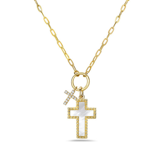 14K Yellow Gold Mother of Pearl and Diamond Cross Necklace .62 CTW