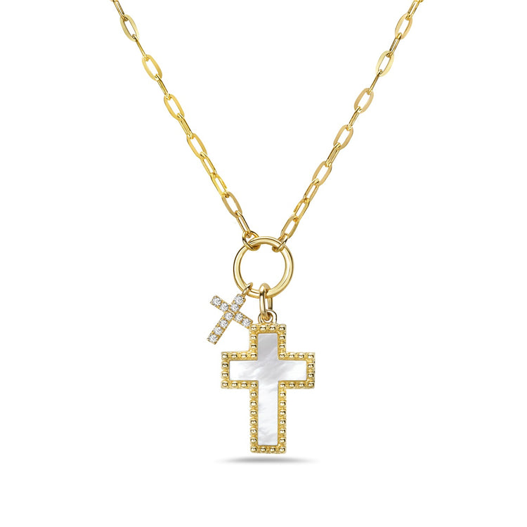 14K Yellow Gold Mother of Pearl and Diamond Cross Necklace .62 CTW