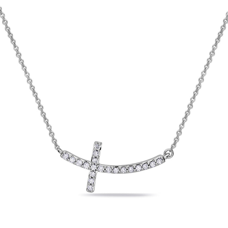14K White Gold Diamond Sideways Cross Necklace .10 CTW