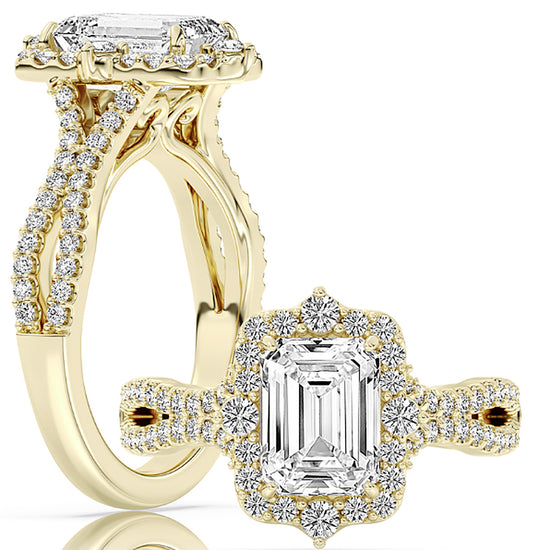 14k Yellow Gold Statement Engagement Ring Set With Certified TrueNorth 100 Facet Lab-Grown Diamond 2 ct Emerald Center
