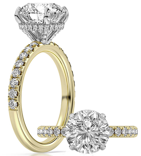 14k Yellow And White Gold Hidden Halo With Diamond Shank Engagement Ring Set With Certified TrueNorth 100 Facet Lab-Grown Diamond 2 ct Round Center