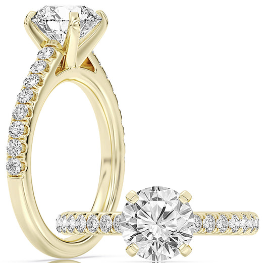 14k Yellow Gold Cathedral Engagement Ring Set With Certified TrueNorth 100 Facet Lab-Grown Diamond 2 ct Round Center