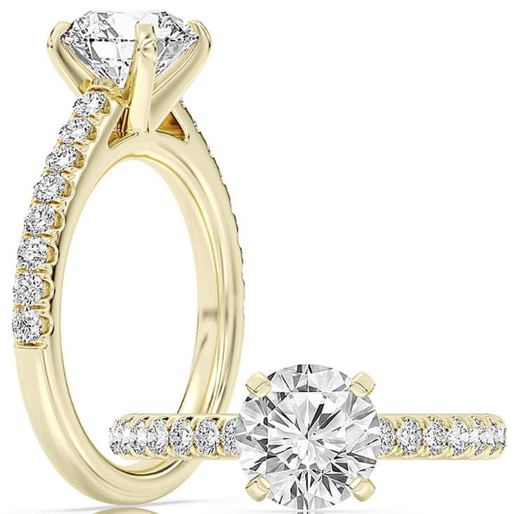14k Yellow Gold Cathedral Engagement Ring Set With Certified TrueNorth 100 Facet Lab-Grown Diamond 2 ct Round Center