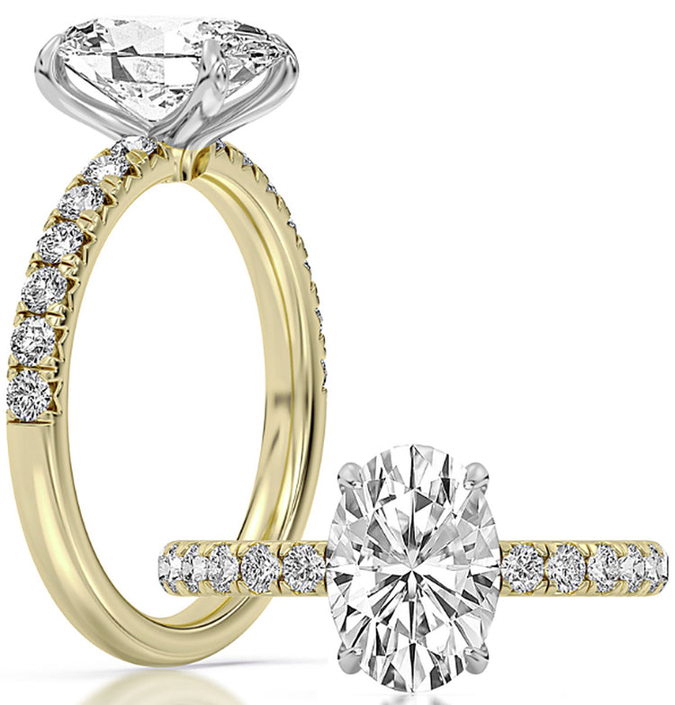 14k Yellow And White Gold Hidden Accent Engagement Ring Set With Certified TrueNorth 100 Facet Lab-Grown Diamond 2 ct Oval Center