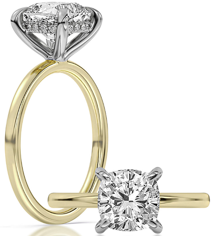 14k Yellow And White Gold Hidden Halo Solitaire Engagement Ring Set With Certified TrueNorth 100 Facet Lab-Grown Diamond 3 ct Elongated Cushion Center
