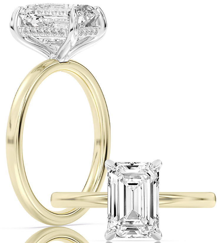 14k Yellow And White Gold Hidden Halo Solitaire Engagement Ring Set With Certified TrueNorth 100 Facet Lab-Grown Diamond 2.5 ct Emerald Center