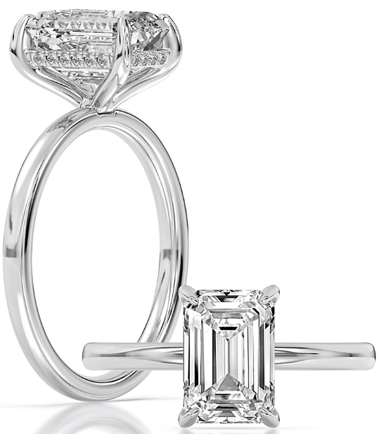 14k White Gold Oversized Hidden Halo Solitaire Engagement Ring Set With Certified TrueNorth 100 Facet Lab-Grown Diamond 4 ct Emerald Center
