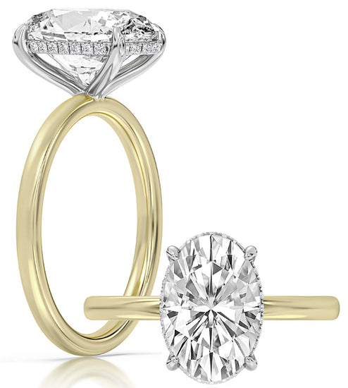 14k Yellow And White Gold Oversized Hidden Halo Solitaire Engagement Ring Set With Certified TrueNorth 100 Facet Lab-Grown Diamond 4 ct Oval Center