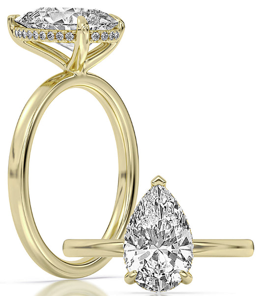 14k Yellow Gold Hidden Halo Solitaire Engagement Ring Set With Certified TrueNorth 100 Facet Lab-Grown Diamond 2 ct Pear Center