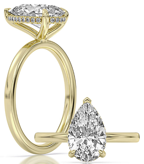 14k Yellow Gold Hidden Halo Solitaire Engagement Ring Set With Certified TrueNorth 100 Facet Lab-Grown Diamond 2 ct Pear Center