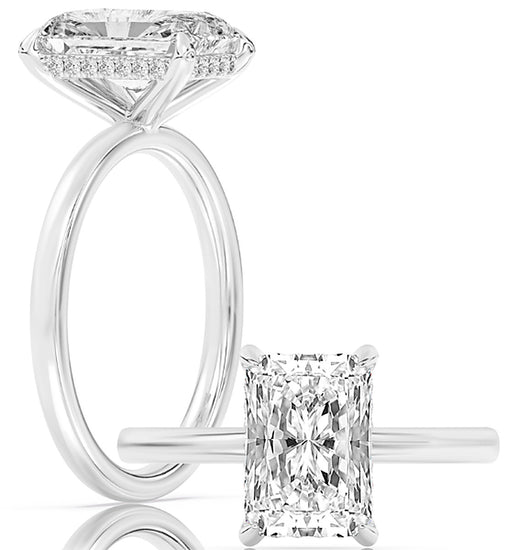 14k White Gold Hidden Halo Solitaire Engagement Ring Set With Certified TrueNorth 100 Facet Lab-Grown Diamond 3 ct Radiant Center