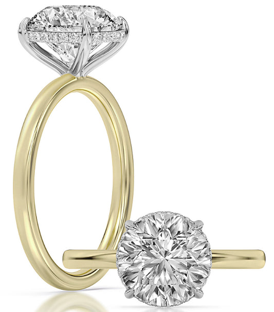 14k Yellow And White Gold Hidden Halo Solitaire Engagement Ring Set With Certified TrueNorth 100 Facet Lab-Grown Diamond 2 ct Round Center