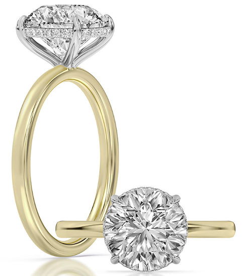 14k Yellow And White Gold Hidden Halo Solitaire Engagement Ring Set With Certified TrueNorth 100 Facet Lab-Grown Diamond 2 ct Round Center