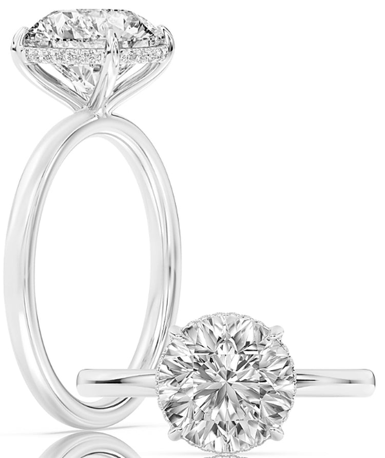 14k White Gold Hidden Halo Solitaire Engagement Ring Set With Certified TrueNorth 100 Facet Lab-Grown Diamond 3 ct Round Center