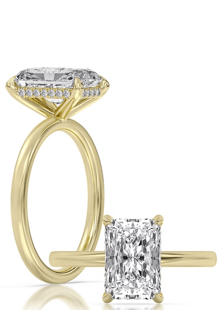 14k Yellow Gold Hidden Halo Engagement Ring Set With Certified TrueNorth 100 Facet Lab-Grown Diamond 2.07 ct Radiant Center