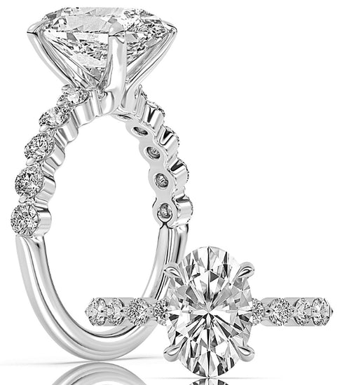 14k White Gold Shared Prong Bridal Set With Certified TrueNorth 100 Facet Lab-Grown Diamond 3 ct Oval Center