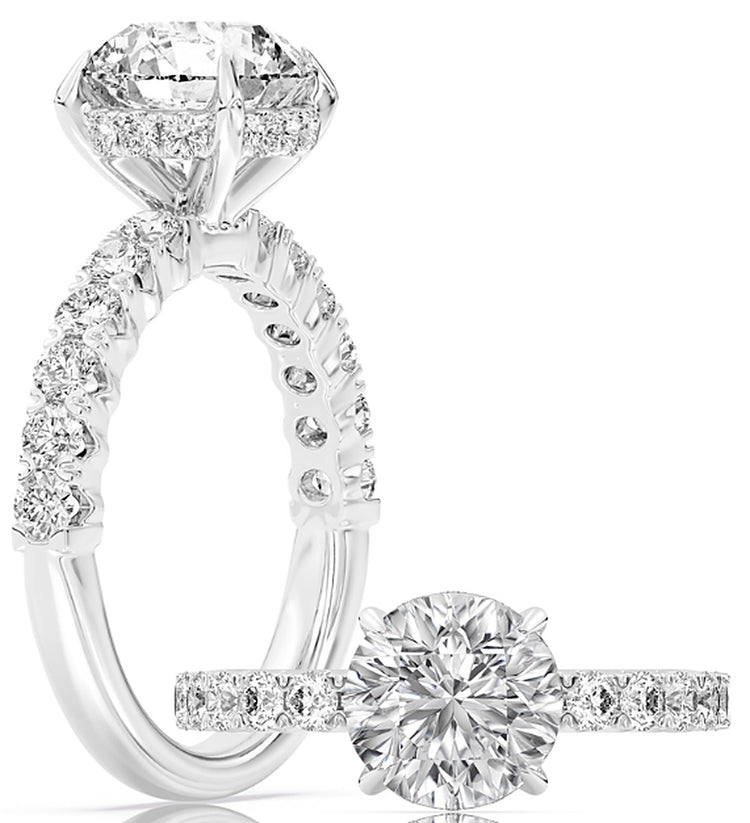 14k White Gold V-Prong Bridal Set With Certified TrueNorth 100 Facet Lab-Grown Diamond 3 ct Round Center