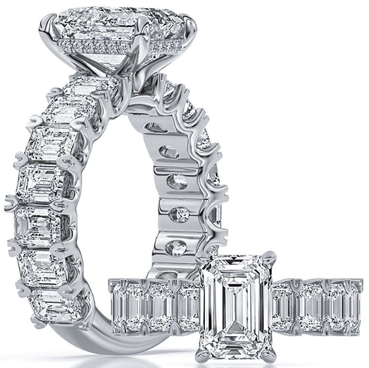 14k White Gold Emerald Accent Shank Engagement Ring Set With Certified TrueNorth 100 Facet Lab-Grown Diamond 3 ct Emerald Center