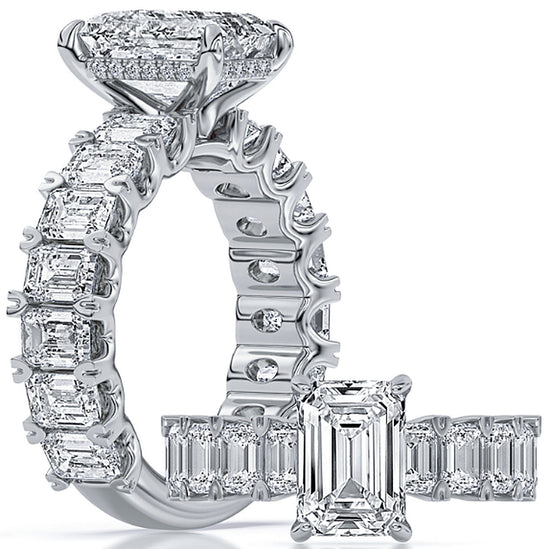 14k White Gold Emerald Accent Shank Engagement Ring Set With Certified TrueNorth 100 Facet Lab-Grown Diamond 3 ct Emerald Center