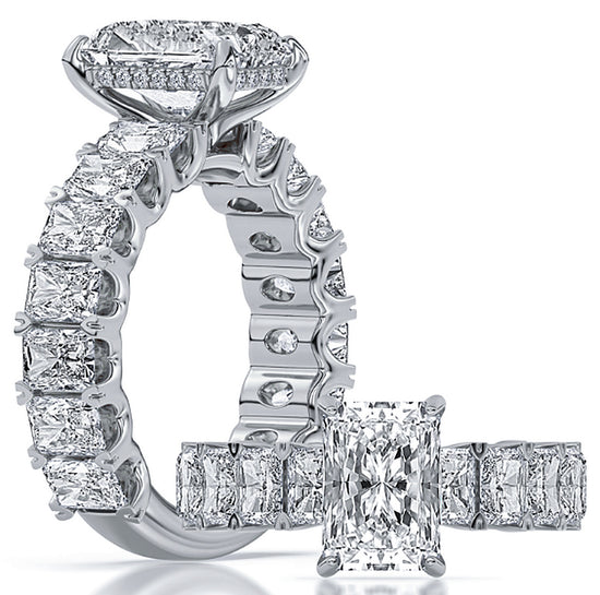 14k White Gold Radiant Accent Shank Engagement Ring Set With Certified TrueNorth 100 Facet Lab-Grown Diamond 3 ct Radiant Center