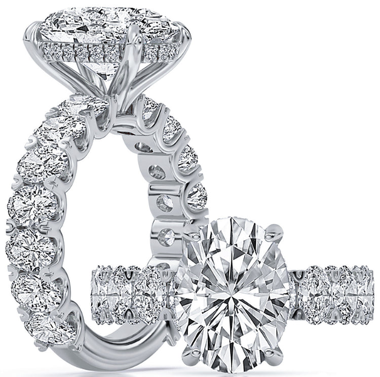 14k White Gold Oval Accent Shank Engagement Ring Set With Certified TrueNorth 100 Facet Lab-Grown Diamond 3 ct Oval Center