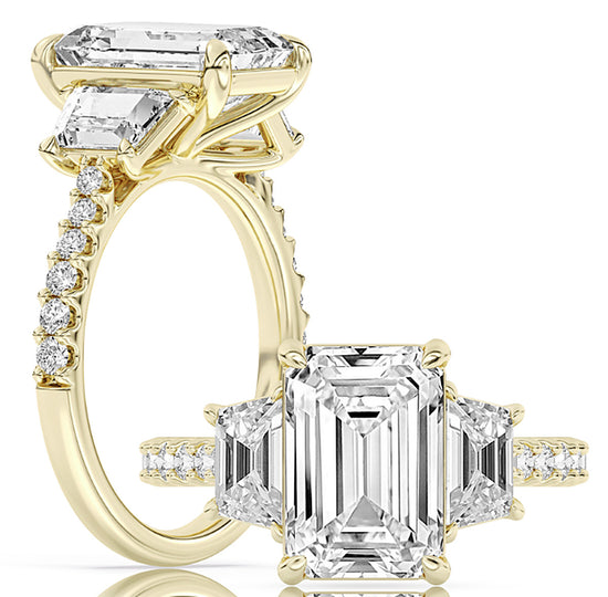 14k Yellow Gold Three-Stone Engagement Ring Set With Certified TrueNorth 100 Facet Lab-Grown Diamond 4 ct Emerald Center