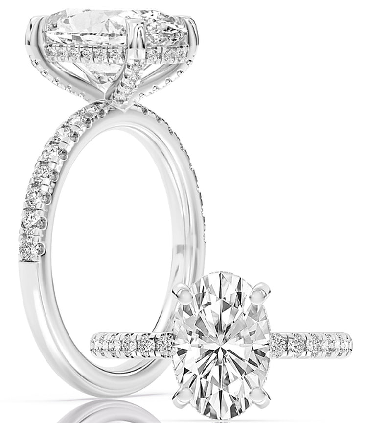 14k White Gold Halo Engagement Ring Set With Certified TrueNorth 100 Facet Lab-Grown Diamond 1.5 ct Oval Center