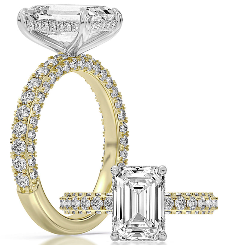 14k Yellow And White Gold Three-Sided Pave Bridal Set With Certified TrueNorth 100 Facet Lab-Grown Diamond 3 ct Emerald Center
