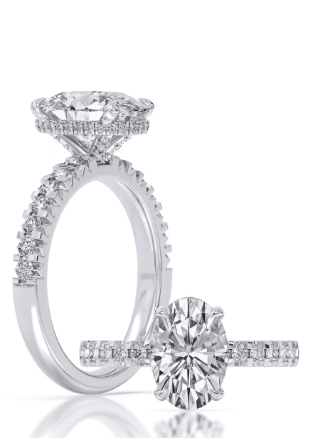 14k Yellow And White Gold Hidden Halo Engagement Ring Set With Certified TrueNorth 100 Facet Lab-Grown Diamond 2.50 ct Oval Center