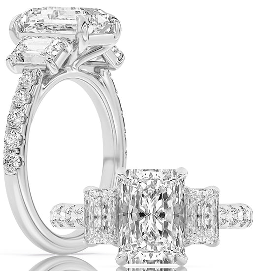 14k White Gold Three-Stone Bridal Set With Certified TrueNorth 100 Facet Lab-Grown Diamond 3 ct Radiant Center