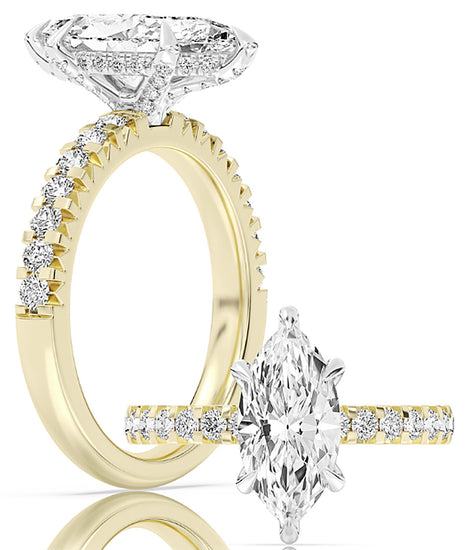 14k Yellow And White Gold Hand French-Pave Bridal Set With Certified TrueNorth 100 Facet Lab-Grown Diamond 2.5 ct Marquise Center