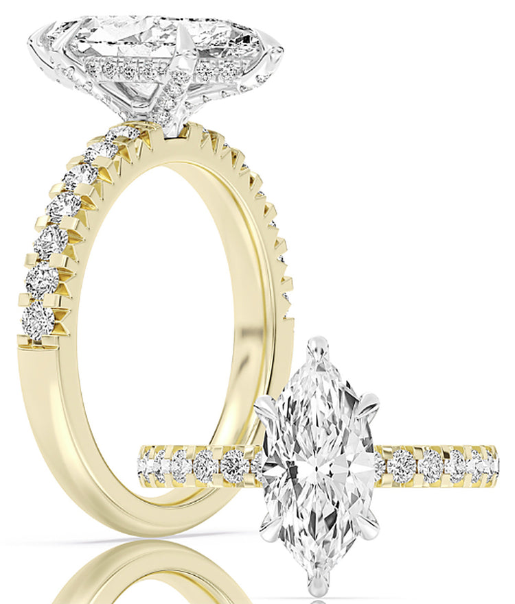 14k Yellow And White Gold Hand French-Pave Bridal Set With Certified TrueNorth 100 Facet Lab-Grown Diamond 2.5 ct Marquise Center