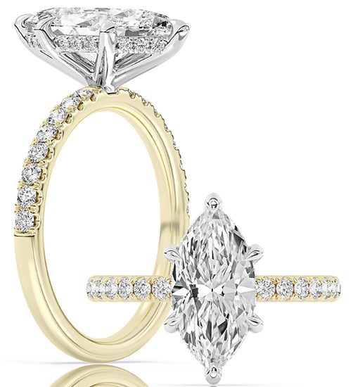 14k Yellow And White Gold Hidden Halo With Diamond Shank Engagement Ring Set With Certified TrueNorth 100 Facet Lab-Grown Diamond 2.5 ct Marquise Center