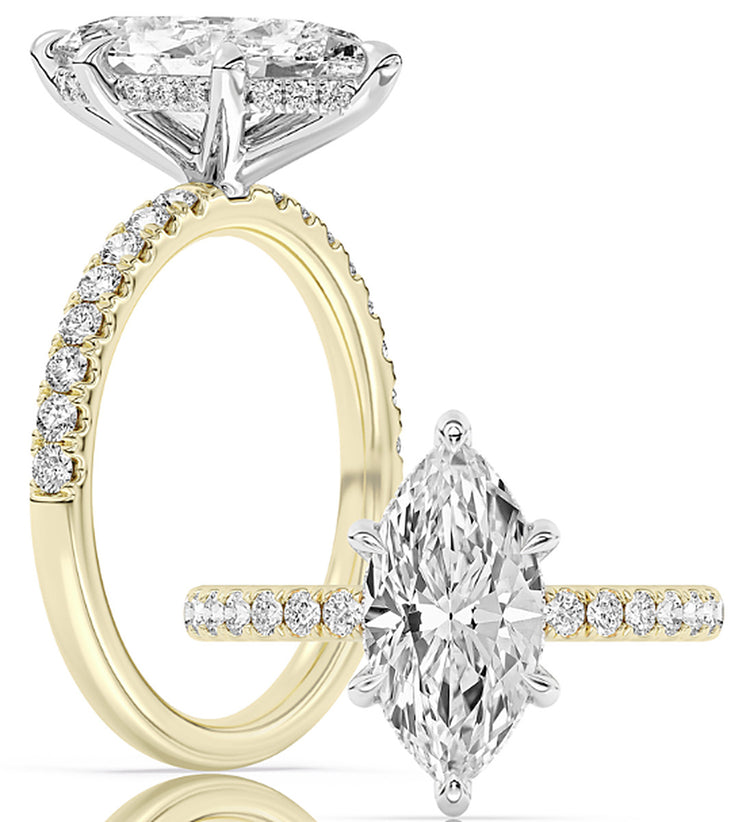 14k Yellow And White Gold Hidden Halo With Diamond Shank Engagement Ring Set With Certified TrueNorth 100 Facet Lab-Grown Diamond 2.5 ct Marquise Center
