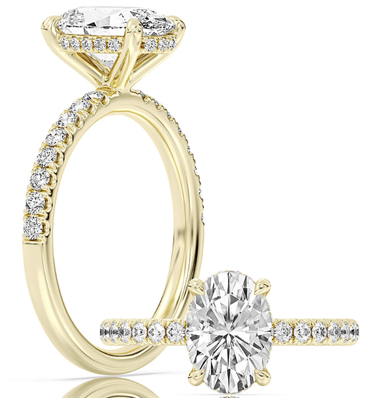 14k Yellow Gold Hidden Halo With Diamond Shank Engagement Ring Set With Certified TrueNorth 100 Facet Lab-Grown Diamond 2 ct Oval Center