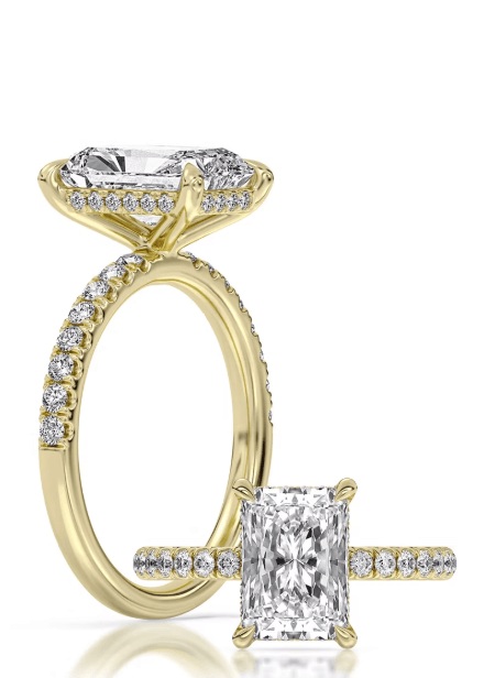 14k Yellow Gold Hidden Halo Engagement Ring Set With Certified TrueNorth 100 Facet Lab-Grown Diamond 3.05 ct Radiant Center