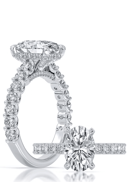 14k White Gold Hidden Halo Engagement Ring Set With Certified TrueNorth 100 Facet Lab-Grown Diamond 2.50 ct Oval Center With Diamond Shank