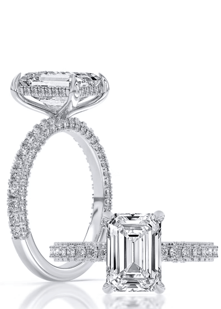 14k Yellow And White Gold Hidden Halo Engagement Ring Set With Certified TrueNorth 100 Facet Lab-Grown Diamond 3.08 ct Emerald Cut Center