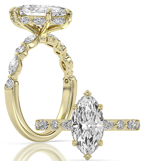 14k Yellow Gold Halo Engagement Ring Set With Certified TrueNorth 100 Facet Lab-Grown Diamond 1.5 ct Marquise Center