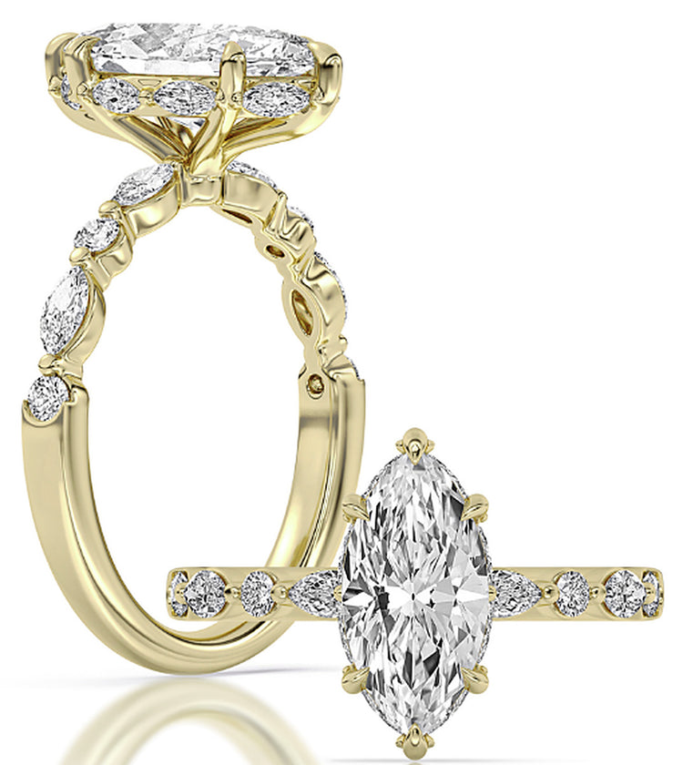 14k Yellow Gold Halo Engagement Ring Set With Certified TrueNorth 100 Facet Lab-Grown Diamond 1.5 ct Marquise Center